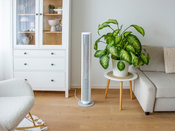 Bild vom Turmventilator Peter in weiss neben einem Sofa