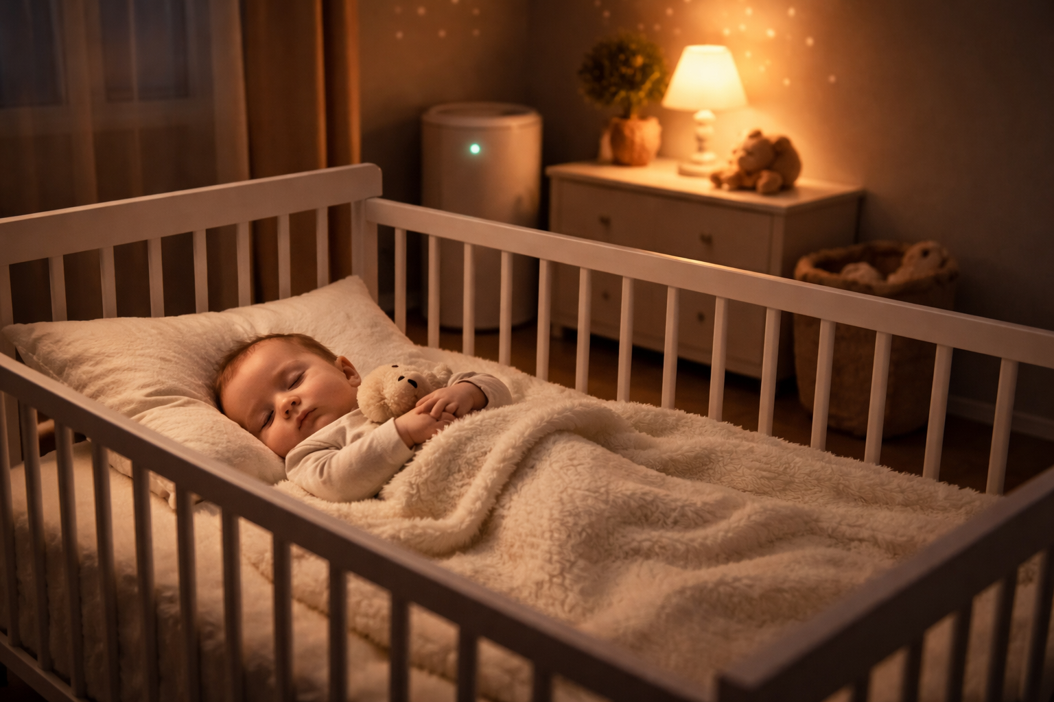 Ein warmes, sanft beleuchtetes Babyzimmer. Ein Baby schläft friedlich in einem Gitterbett, im Hintergrund sieht man dezent die Status-LED eines leisen Luftreinigers.
