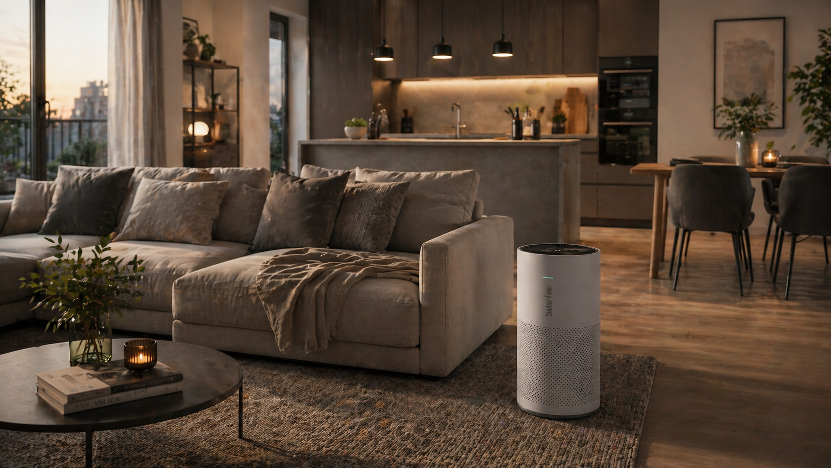 Moderner, offener Wohn- und Küchenbereich mit stilvoll integriertem Luftreiniger (Stadler Form Roger) neben Sofa – harmonisches Interior-Design für saubere Luft und wohnliche Atmosphäre.